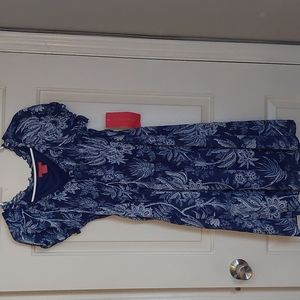 Knee length dress, Sunny Leigh, Med, Blue, white, slight elastic at bust, flowy